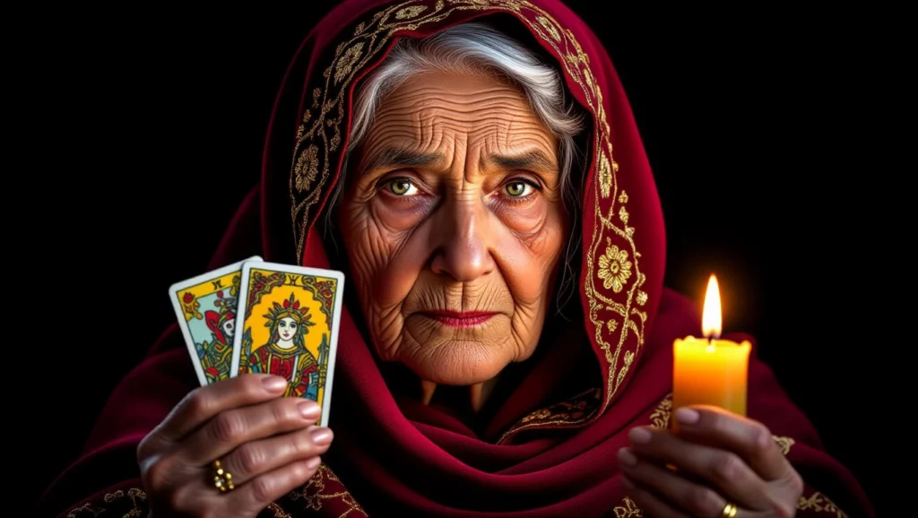 Egy jósnő, aki tarot kártyákat tart a kezében, és egy gyertyát gyújt, hogy felfedje a jövőt. Az álomfejtés során a kártyák üzenetei segíthetnek megérteni a tudatalatti vágyakat.