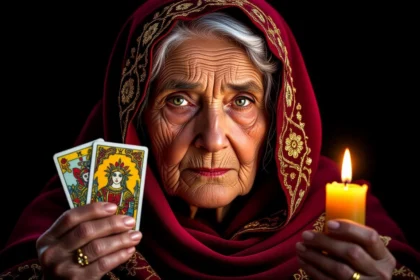 Egy jósnő, aki tarot kártyákat tart a kezében, és egy gyertyát gyújt, hogy felfedje a jövőt. Az álomfejtés során a kártyák üzenetei segíthetnek megérteni a tudatalatti vágyakat.