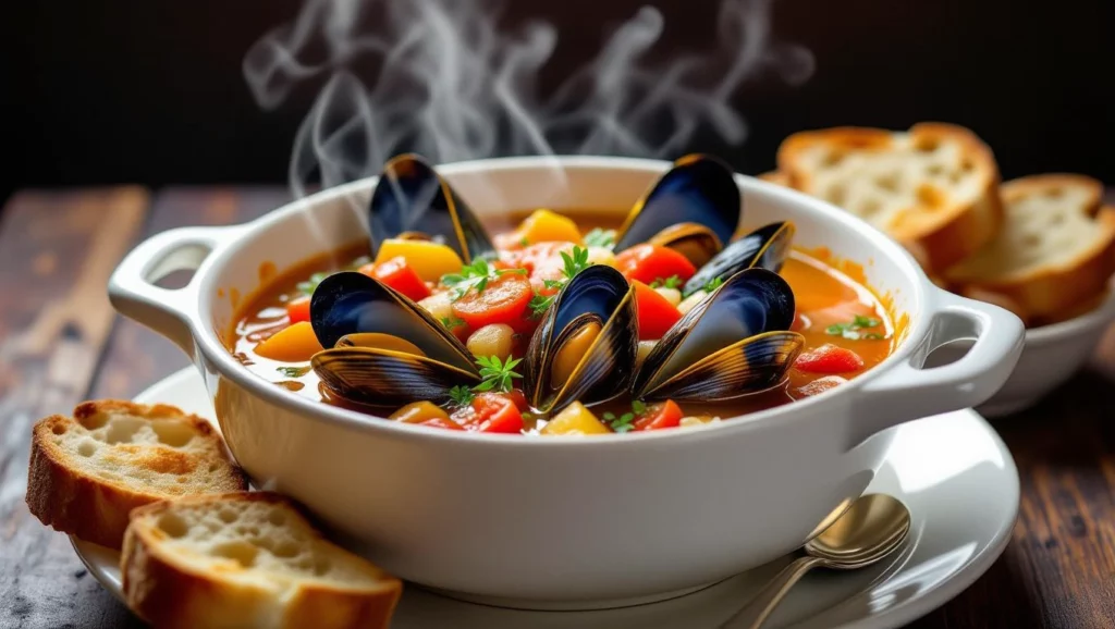 Egy fehér tálban gőzölgő kagyló leves látható, gazdag zöldségekkel és friss fűszerekkel, mellette pirított kenyérszeletek.