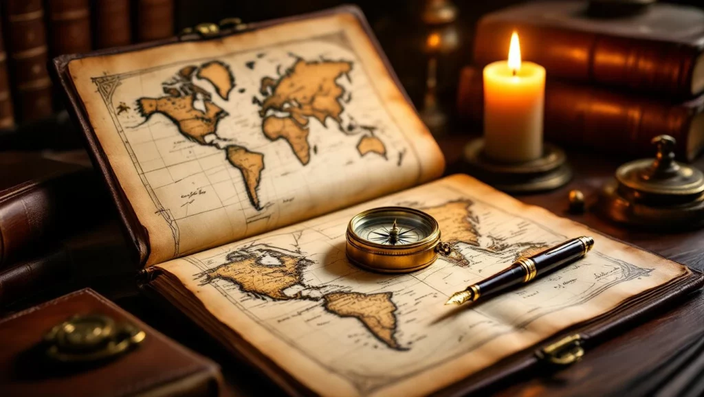 Az álmok és felfedezések határvonalán egy régi térkép és iránytű mesél az utazásokról.