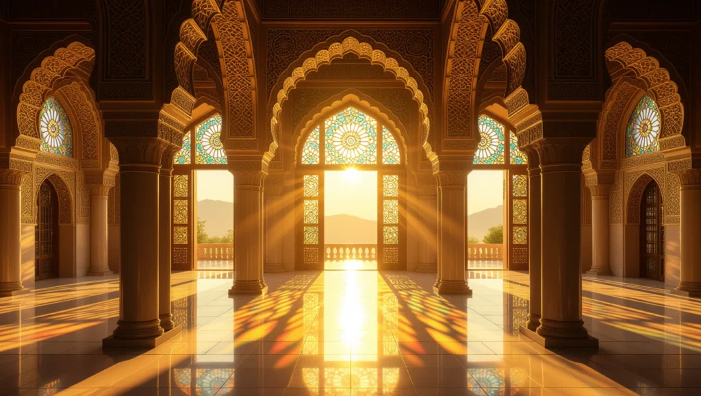 Egy gyönyörű, díszes palota belső tere, arany fénnyel megvilágítva, a napfény színes árnyakat vet a padlóra.