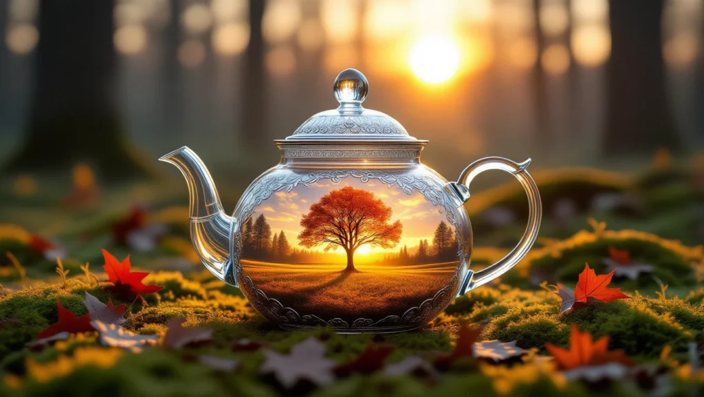 Egy gyönyörű ezüst kancsó, amelyben egy naplementés táj látható, fák és őszi levelek körül.