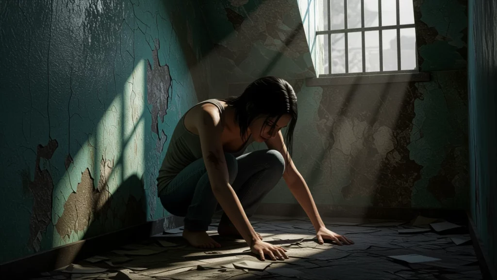 Egy nő kétségbeesetten a padlón ül, a fénybe burkolózva, amely a rácsos ablakon át jut be, álomfejtés szempontjából a bezártságot szimbolizálja.