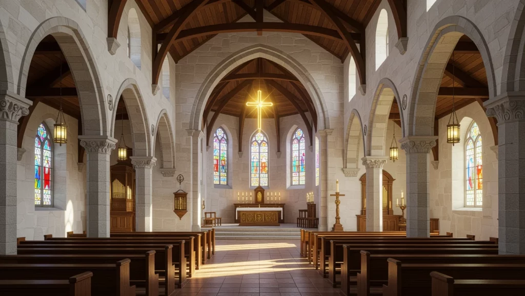 Belső nézet egy kápolnáról, színes üvegablakokkal és keresztel az oltáron.