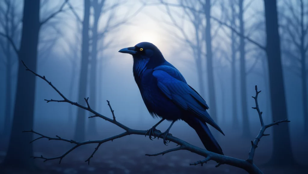 Egy kékes árnyalatú, misztikus erdőben álló fekete madár, amely károgásra készen figyel.