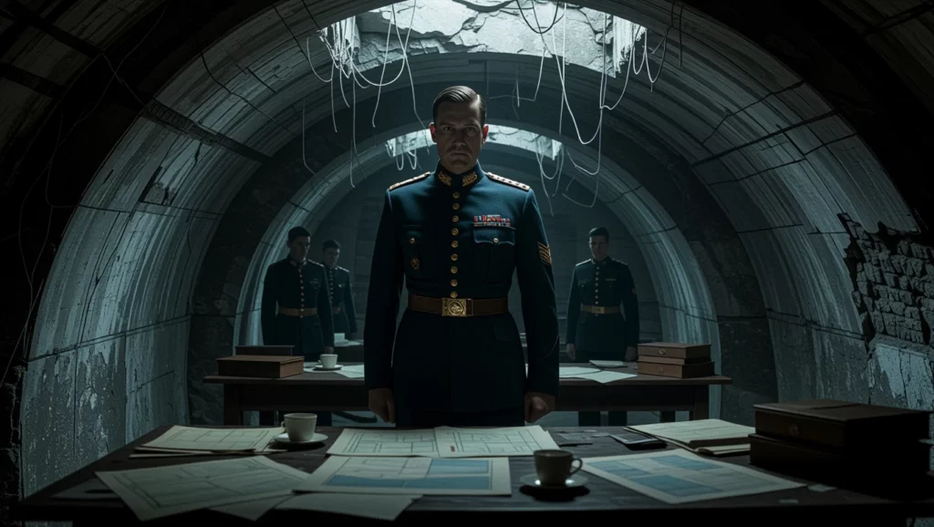 Katonai bunker belseje, ahol tisztek állnak egy asztal körül, a falakon repedések láthatók.