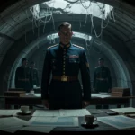 Katonai bunker belseje, ahol tisztek állnak egy asztal körül, a falakon repedések láthatók.
