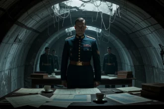 Katonai bunker belseje, ahol tisztek állnak egy asztal körül, a falakon repedések láthatók.