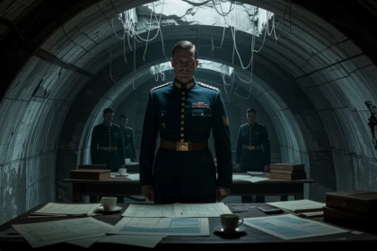 Katonai bunker belseje, ahol tisztek állnak egy asztal körül, a falakon repedések láthatók.