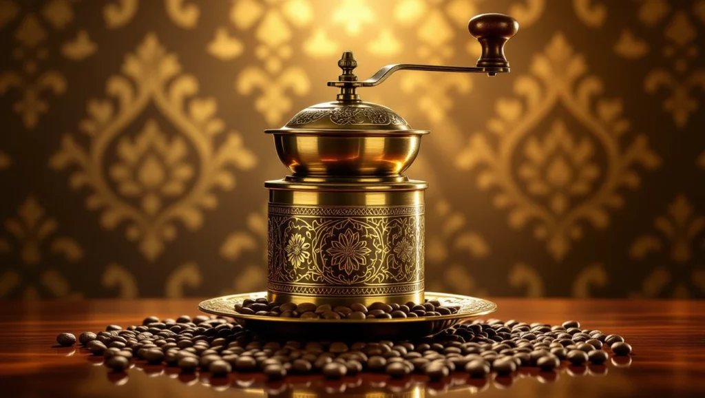 Egy elegáns kávédaráló áll egy fém tányéron, körülötte kávébabokkal, háttérben díszes mintázattal.