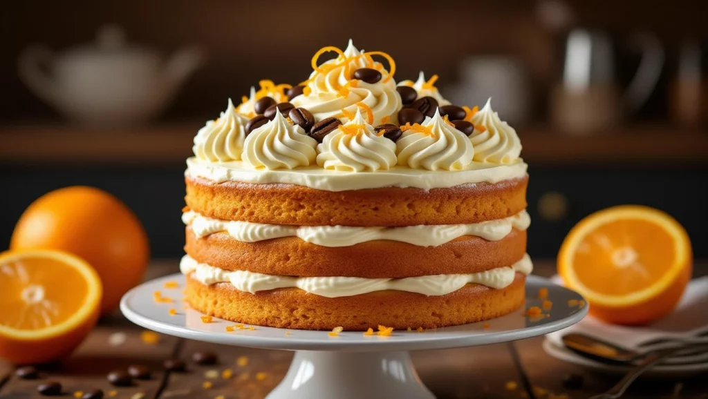 Egy ínycsiklandó kávétorta, amely narancsos díszítéssel és kávészemekkel van dekorálva, egy fehér tányéron.