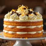 Egy ínycsiklandó kávétorta, amely narancsos díszítéssel és kávészemekkel van dekorálva, egy fehér tányéron.