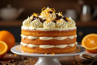 Egy ínycsiklandó kávétorta, amely narancsos díszítéssel és kávészemekkel van dekorálva, egy fehér tányéron.