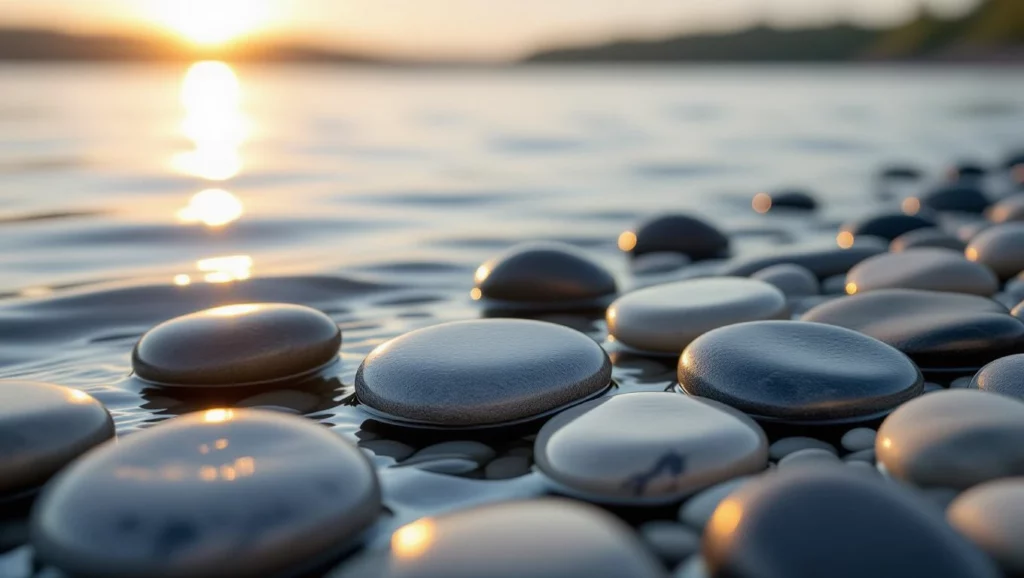 Fekete, sima kavicsok sorakoznak egy vízparton, a naplemente fényében.
