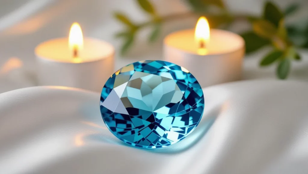 Egy kék topáz kő látható gyertyák és lágy textil mellett, nyugodt hangulatban.