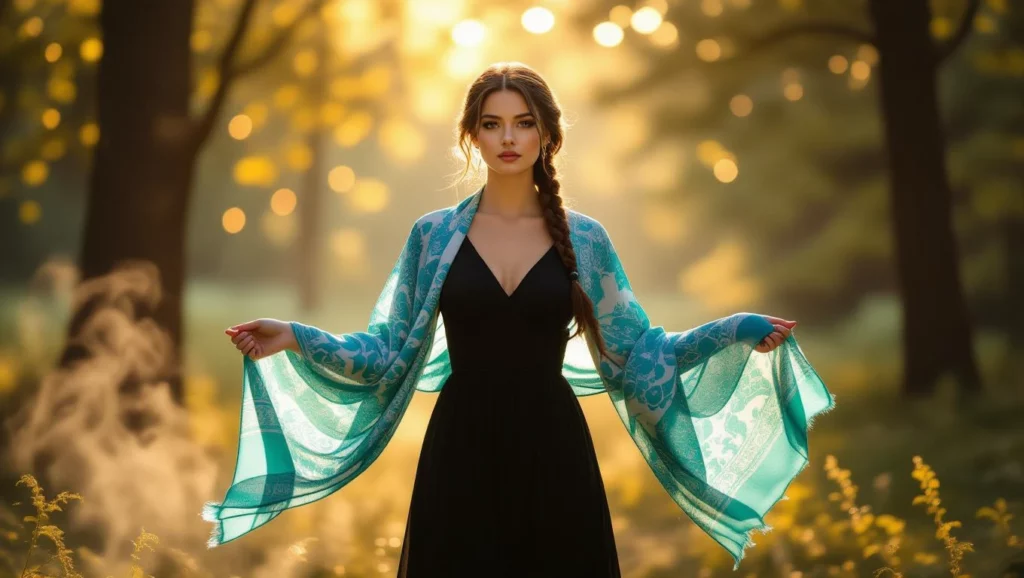 Egy nő áll a természetben, kendőt tart a kezében, lágy fények között.