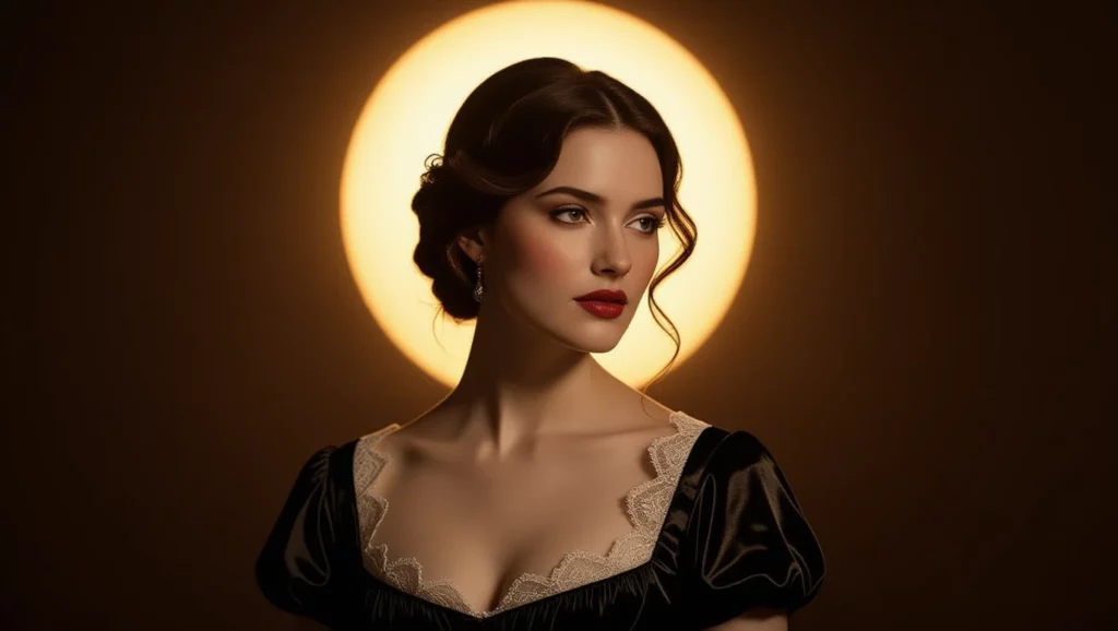 A női alak mögött ragyogó fénykör látható, ami a belső erőt és a spiritualitást szimbolizálja.