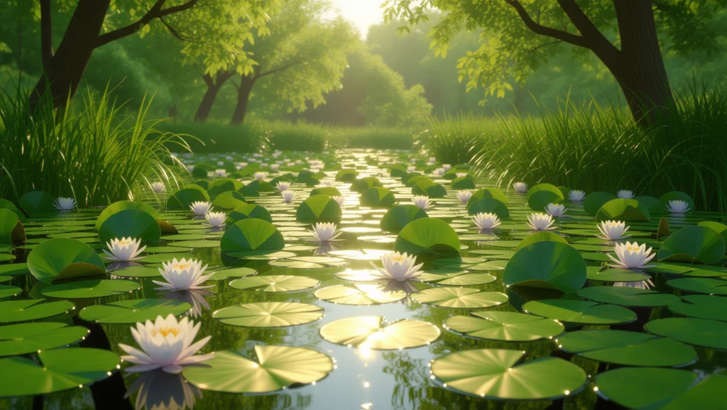 A kerti tó álmokban a békességet és a harmóniát jelképezi, a vízililiomok pedig az új kezdeteket.