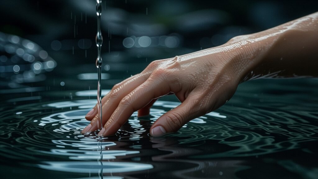 Egy kéz vízben mártózik, cseppek hullanak, tisztaság és megújulás szimbólumaként.