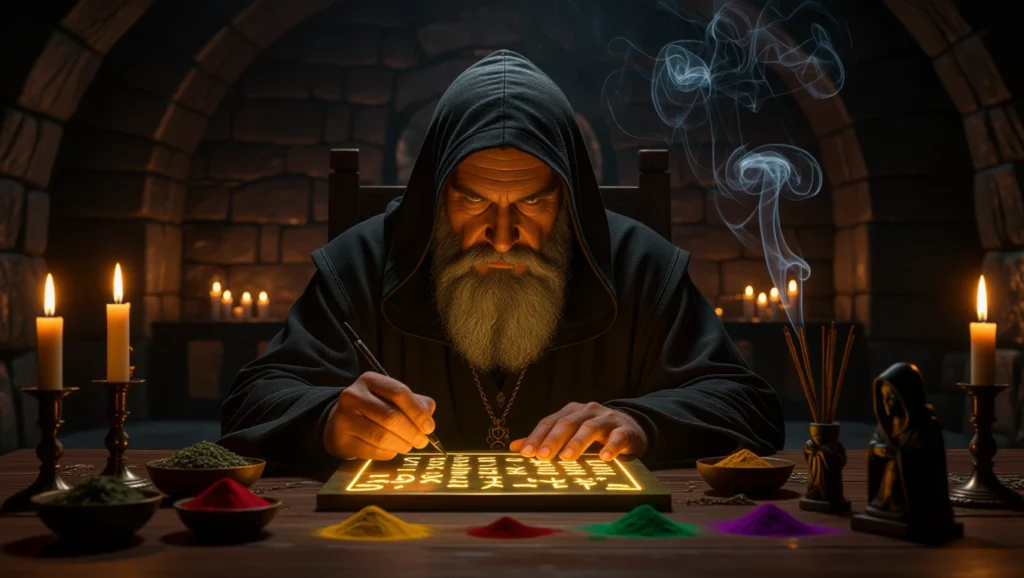 Egy bölcs, hosszú szakállú férfi egy sötét, kőből készült helyiségben álmoskönyvet ír, miközben gyertyák világítanak körülötte.