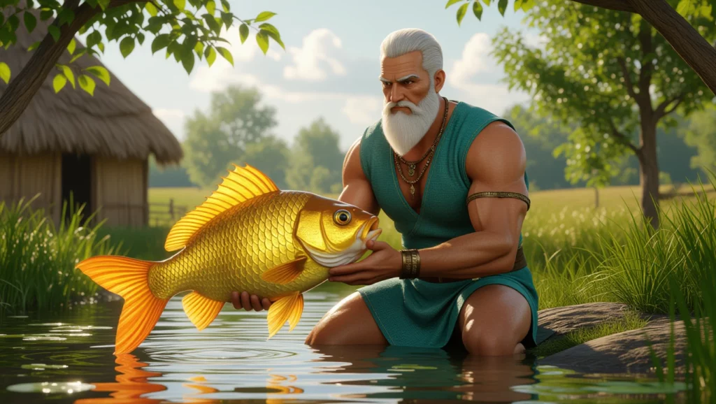 Egy erős férfi aranyhalat tart a kezében, miközben egy nyugodt vízparton áll. A háttérben zöld fák és egy hagyományos ház látható.