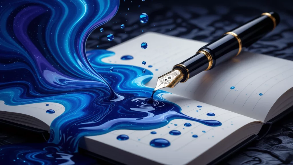 Egy nyitott füzet, amiből kék tinta folyik egy íróeszközből.