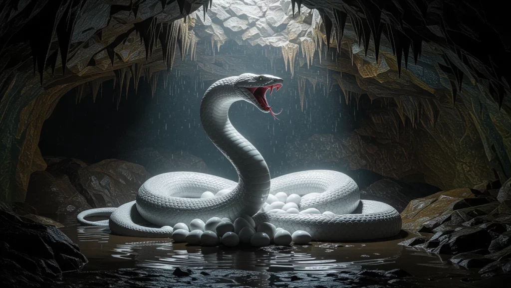 Egy fehér kígyó fészke tojásokkal egy sötét barlangban, víz tükröződik körülötte.