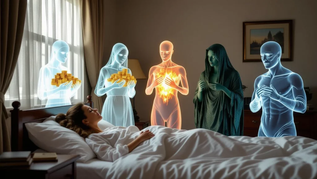 Az álomban megjelenő szellemek a gazdagság, a szenvedély és a titokzatos erők szimbólumai, amelyek a tudatalatti vágyakat tükrözik.