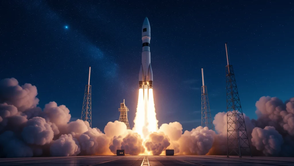 Egy rakéta kilövése sötét égbolt alatt, fényei ragyognak a lángokkal, szimbolizálva az új kezdeteket.