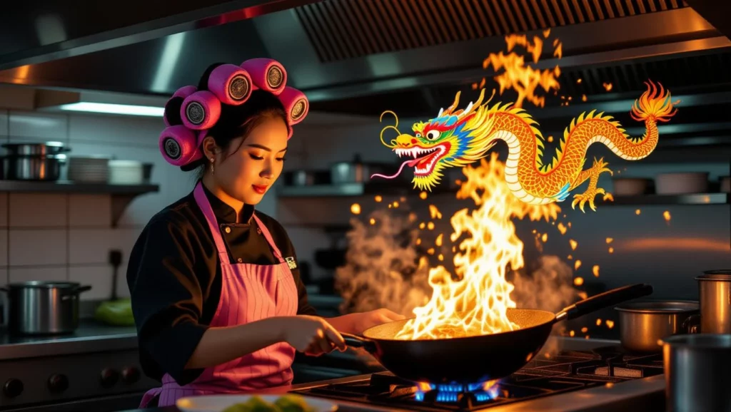 A konyhában egy szakács tüzes wokban ételeket készít, a háttérben sárkány látható, ami az álmok kreatív energiáját szimbolizálja.