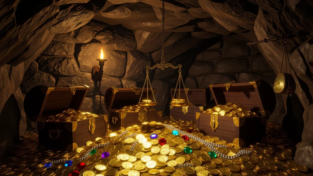 A kincsesbarlangban álló ládák és aranyérmék álomfejtése gazdagságot és lehetőségeket jelképez.