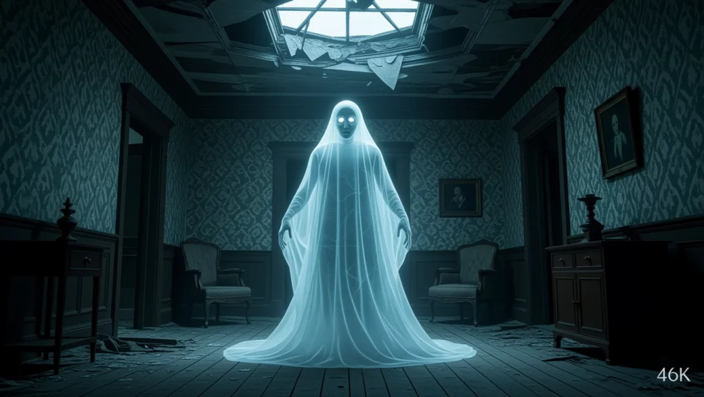 Egy kísértet lebeg egy régi, elhagyatott szobában, háttérben romos falakkal.