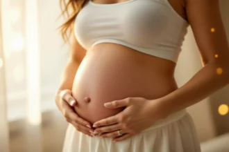 Egy kismama, aki a hasát simogatja, fehér topban és szoknyában áll, a háttérben lágy fényekkel.