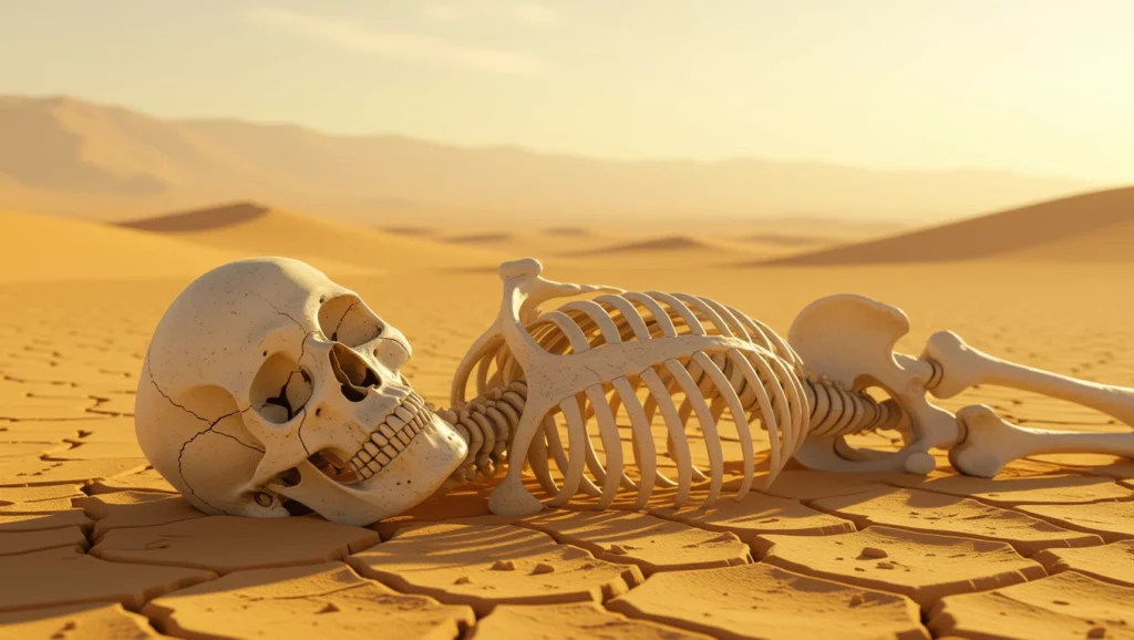 A kiszáradt sivatagban fekvő csontváz álomfejtése a halál és az elmúlás szimbóluma, az élet végességét jelzi.