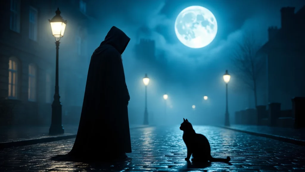 Egy kóbor macska és egy titokzatos alak a holdfény alatt álomfejtéshez.