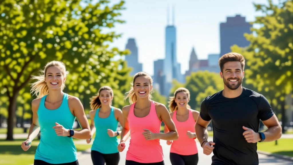 Fiatalok kocognak egy napos városi parkban, energikus és boldog hangulatban.