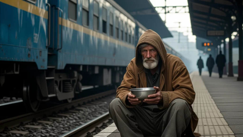 Egy koldus ül a vonatállomáson, szürke kapucnis kabátban, kezében egy tálcával, mellette egy vonat áll meg.