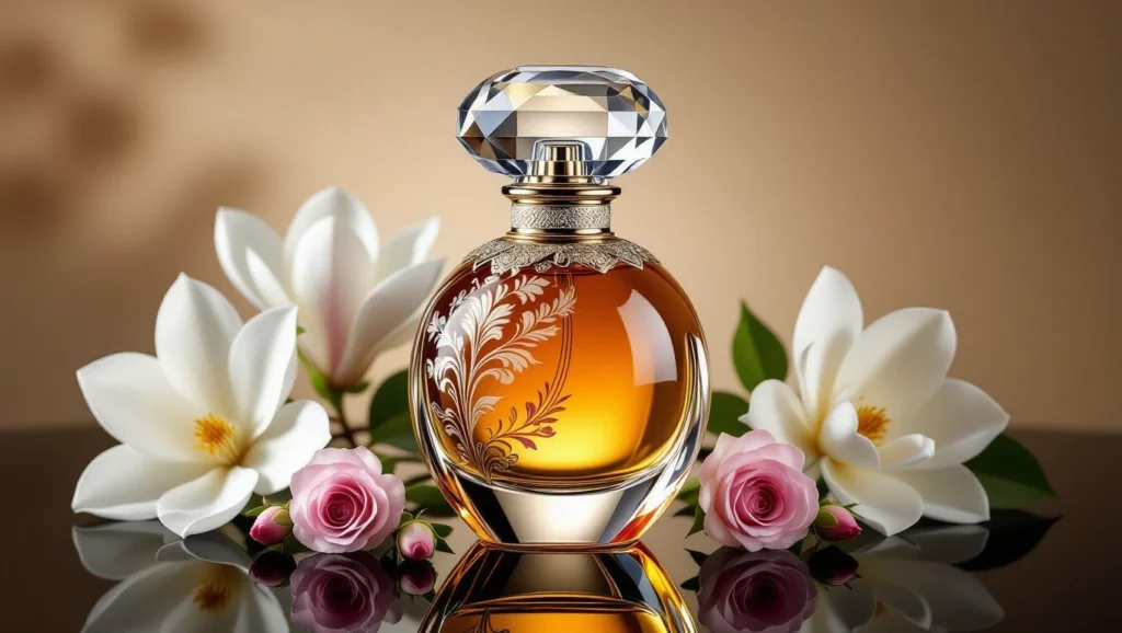 A parfüm üveg és virágok harmóniája, az illatok világába vezető álom.