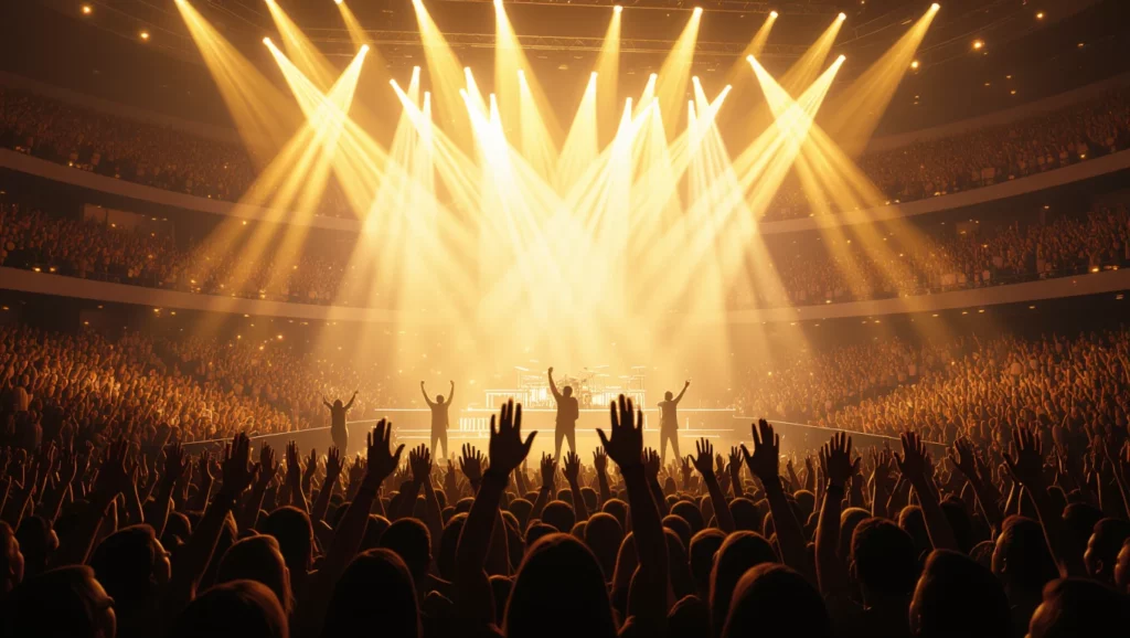 Egy koncertterem belső része, a közönség kezét a levegőbe emelve ünnepli a zenekart, a színpadot fények világítják meg.