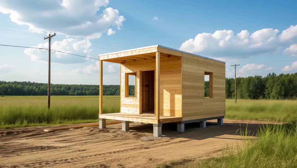 Egy könnyűszerkezetes ház áll egy mezőn, zöld fűvel és fákkal körülvéve.