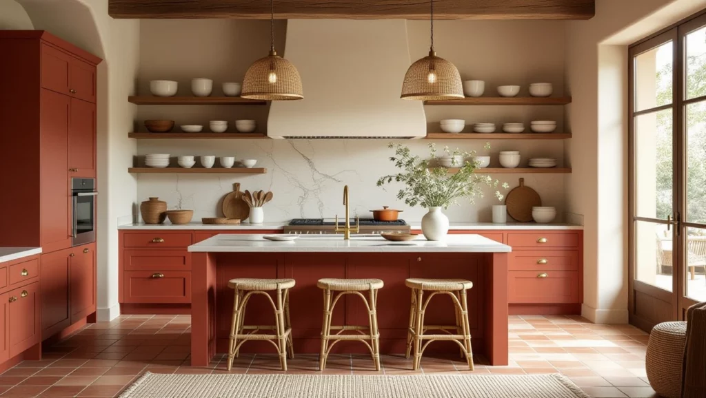 Modern konyha konyhaszigettel, piros szekrényekkel és világos berendezéssel, amely otthoni melegséget sugall.