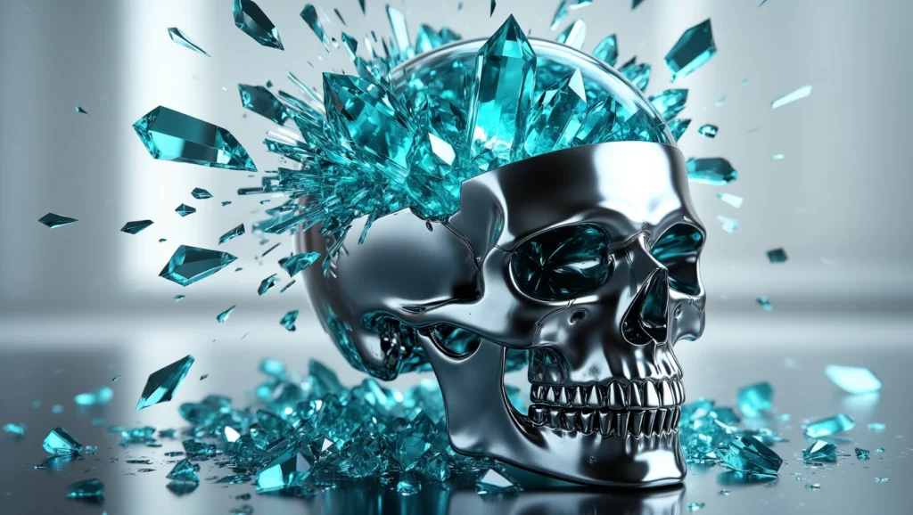 A koponya és a kristályok szimbolizálják az elmét és a tudást, a belső világ felfedezését.