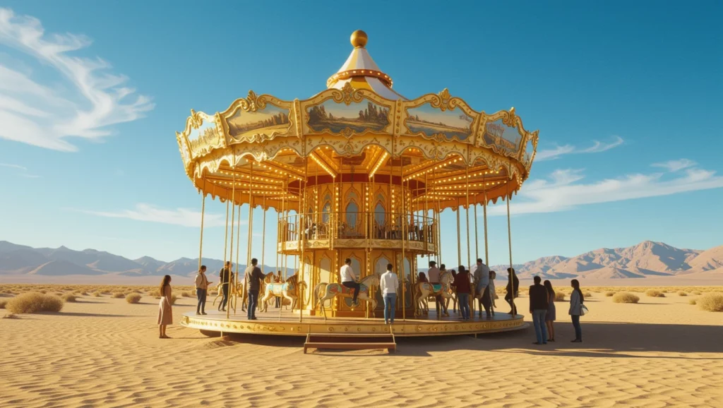 Egy aranyozott körhinta áll egy sivatagi tájban, emberek gyűlnek körülötte, miközben a háttérben hegyek látszanak.