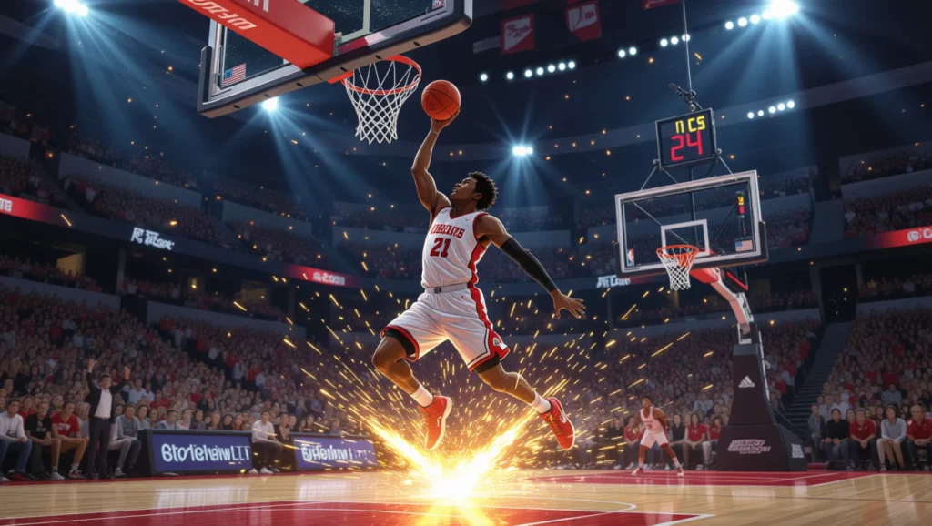 Egy kosárlabdázó ugrik a levegőbe, miközben a kosár felé dobja a labdát, a háttérben izgalmas sportesemény zajlik.