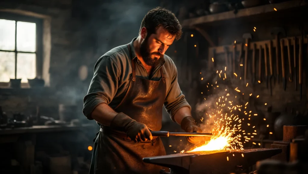 A köszörűs tüzes vasat formál, ami az álmainkban a kreativitás és a munka szimbóluma.