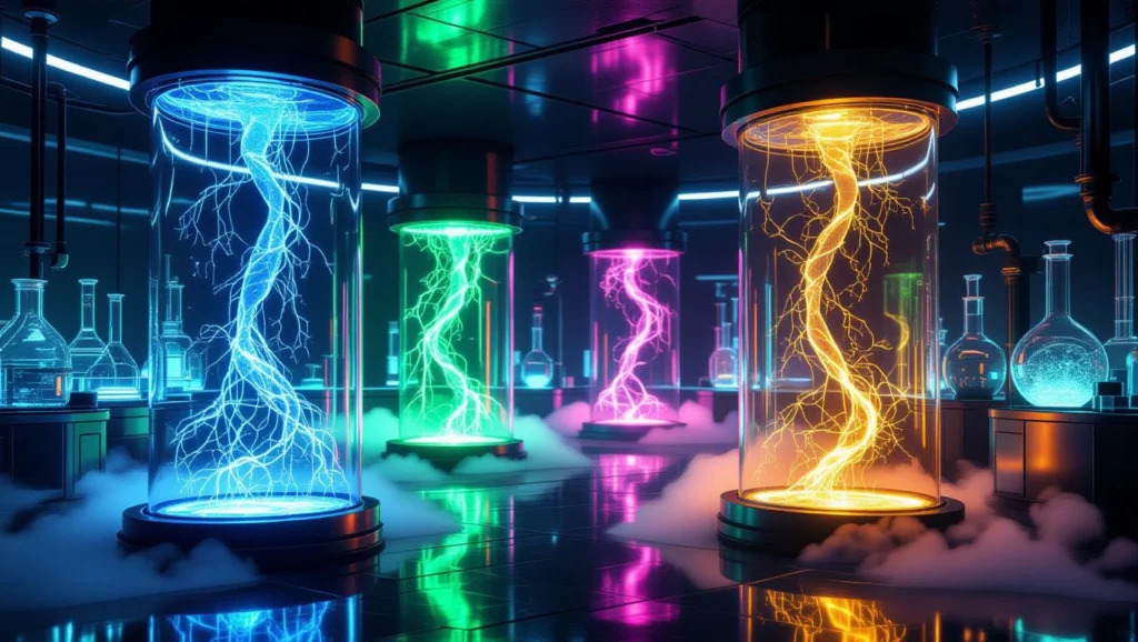 Színes fényekkel megvilágított laboratórium különböző kémcsövekkel és energiával teli üvegekben.