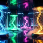 Színes fényekkel megvilágított laboratórium különböző kémcsövekkel és energiával teli üvegekben.