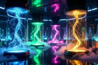 Színes fényekkel megvilágított laboratórium különböző kémcsövekkel és energiával teli üvegekben.