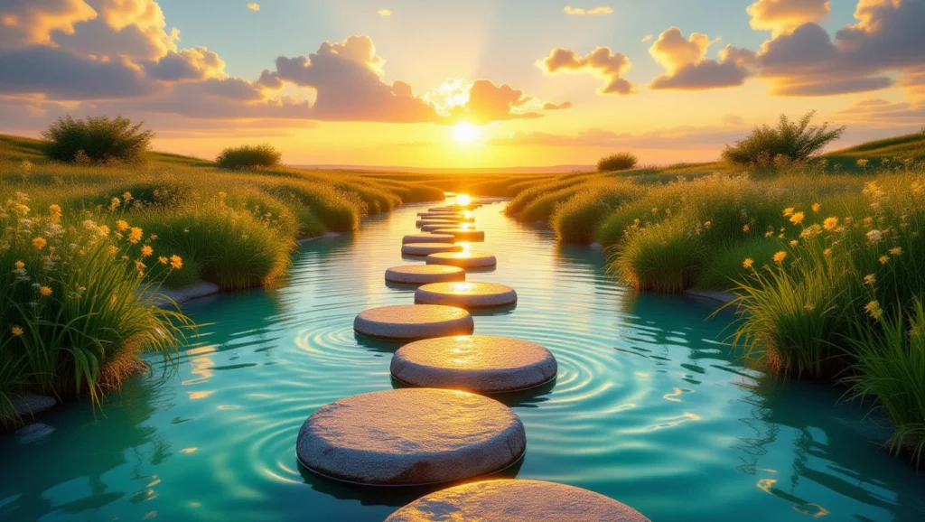 Egy naplementés táj, ahol kövekből készült lépcsők vezetnek át egy vízfolyáson, virágokkal szegélyezve.