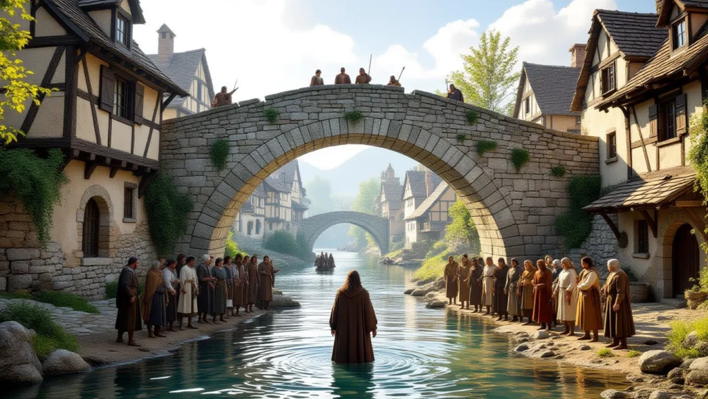Középkori falu, ahol emberek sorakoznak a folyó partján, míg egy figura a vízben áll.